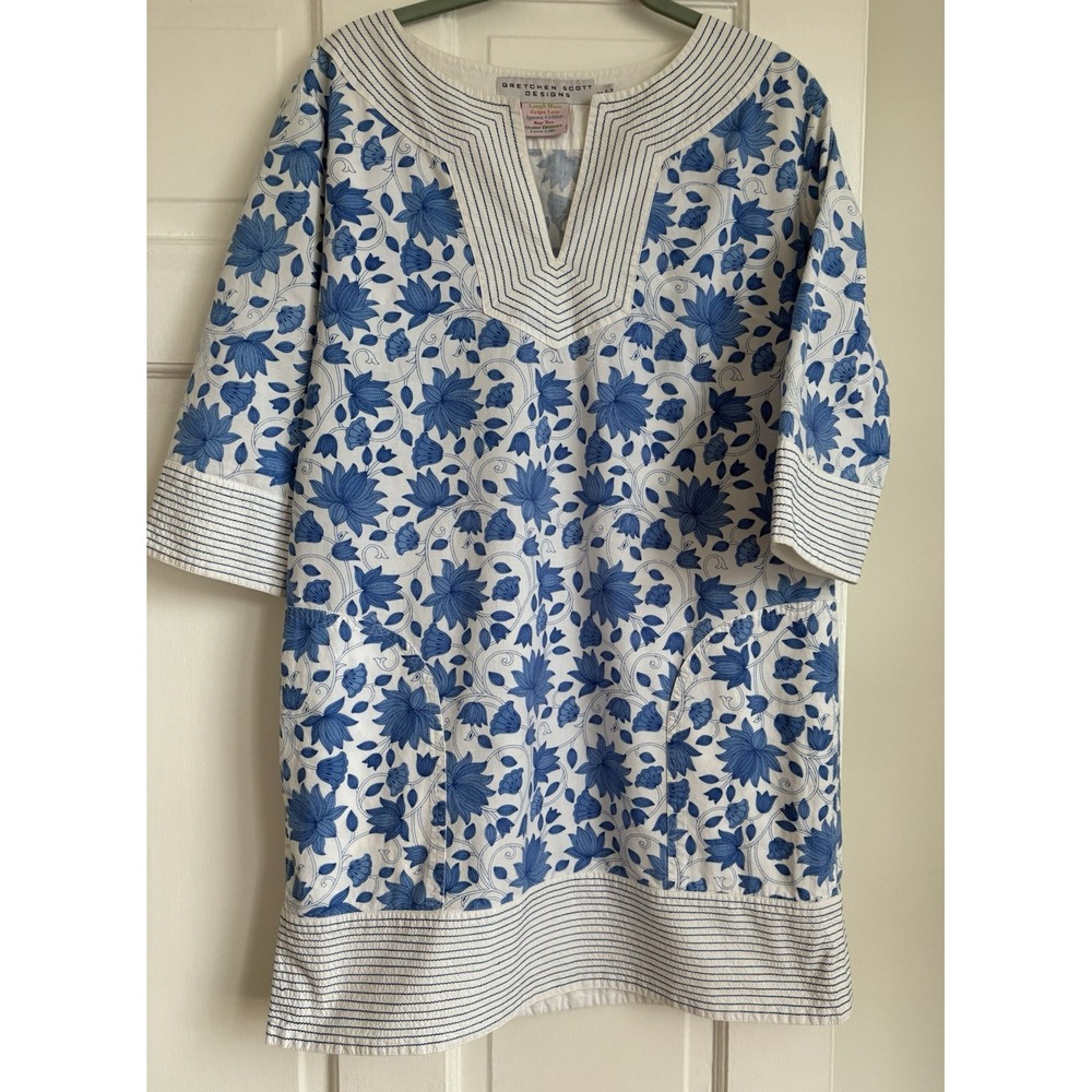 Gretchen Scott Designs Blue White Floral Tunic Dress Women S Cotton Pocket Shift